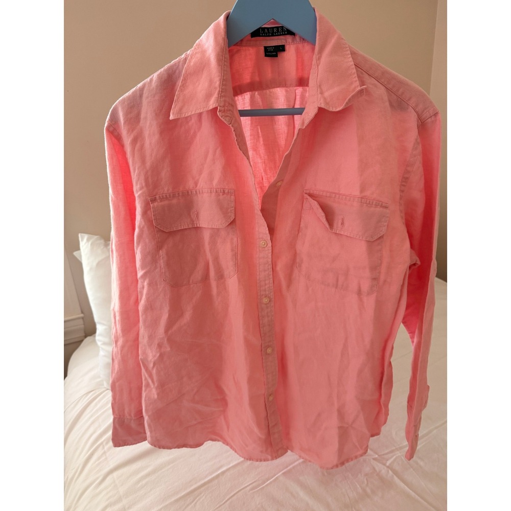 Lauren Ralph Lauren Pink 100% Linen Button Down Shirt Long Sleeve Womens Large